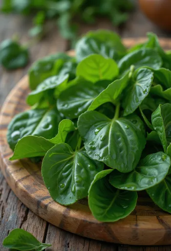 Folhas de batata-doce frescas e cruas, arranjadas em taça ou monte