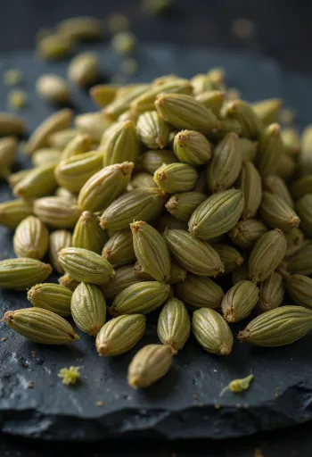 Sementes de funcho em taça de madeira e colher, superfície rústica