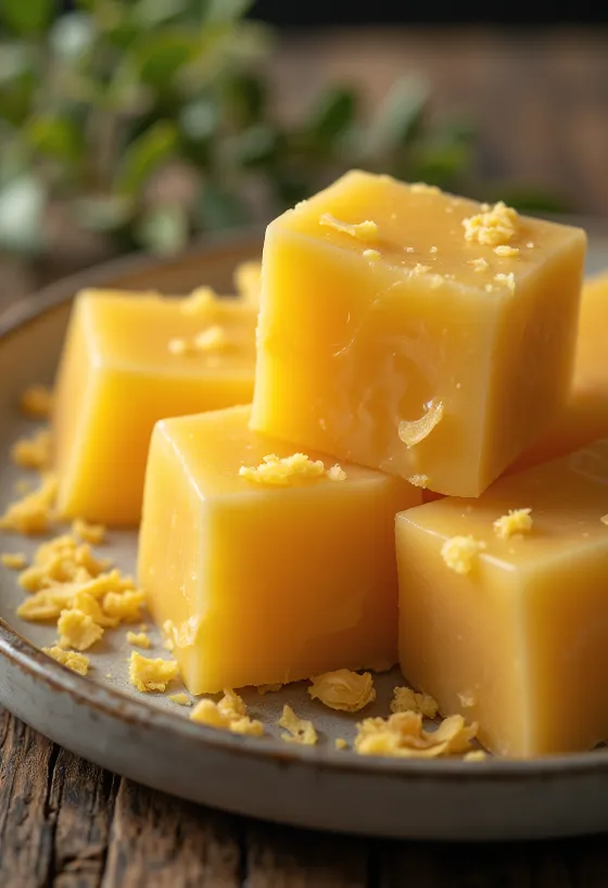 Cera de abelha alimentar em bloco e raspas sobre superfície de madeira