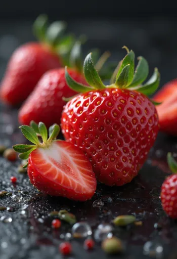 Morangos frescos inteiros e cortados em mesa de madeira rústica, com doce de morango