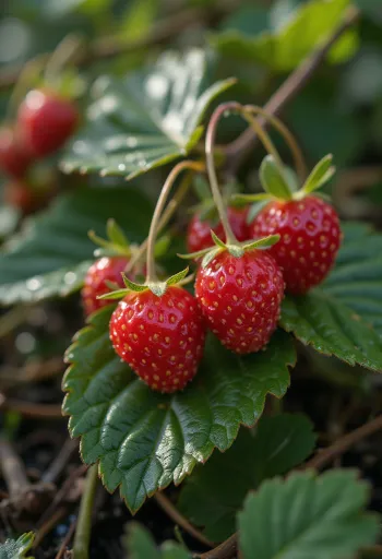 Morango silvestre fresco, inteiro e cortado, estilo documental