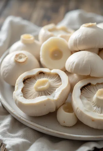 Cogumelos Champignon fatiados e limpos sobre tábua de madeira