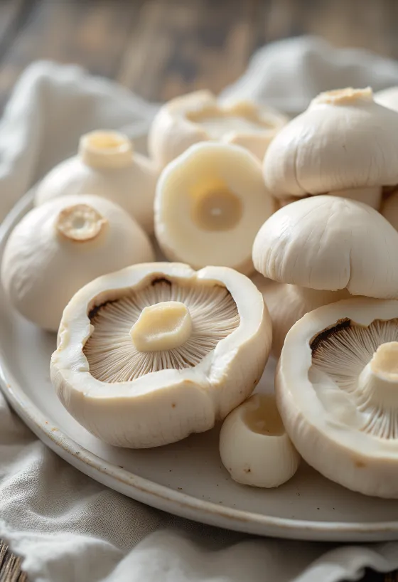 Cogumelos Champignon fatiados e limpos sobre tábua de madeira