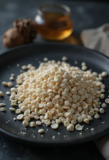 Sementes de papoila branca em plano próximo, amontoadas sobre fundo claro