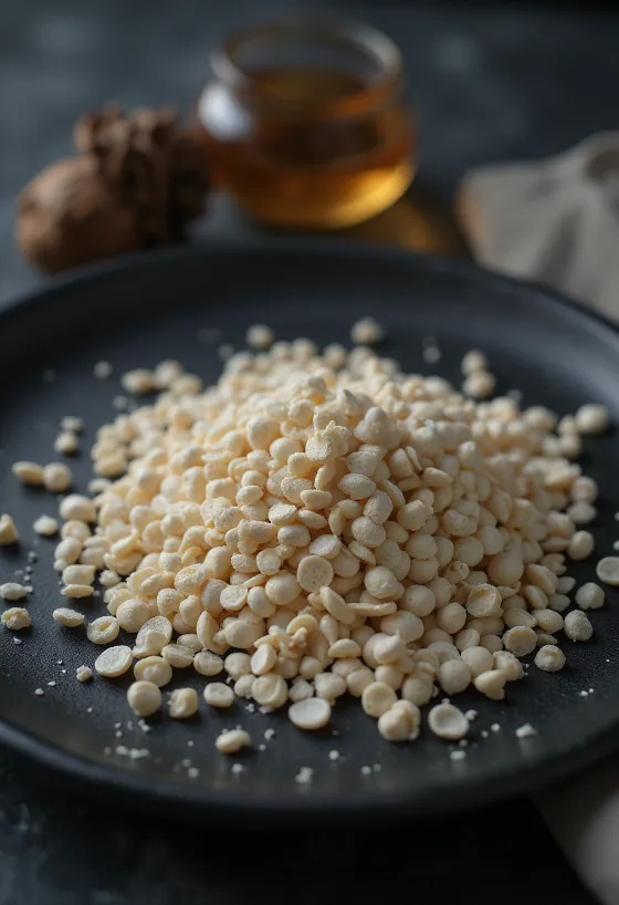 Sementes de papoila branca em plano próximo, amontoadas sobre fundo claro