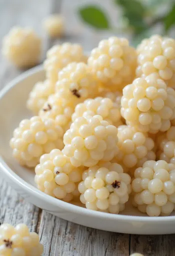 Bagas de amora branca fresca (Morus alba) cortadas e inteiras em superfície limpa