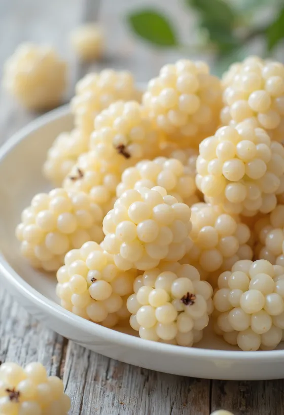 Bagas de amora branca fresca (Morus alba) cortadas e inteiras em superfície limpa