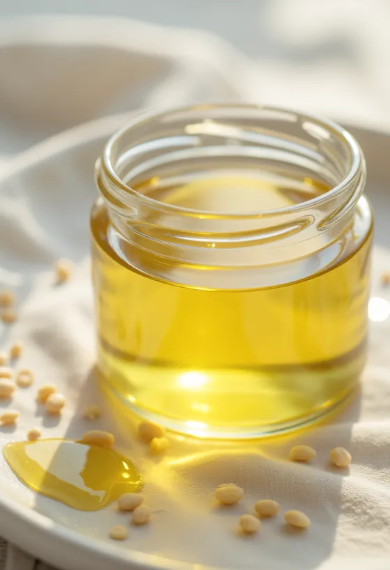 Óleo de sésamo branco em garrafa e tigela, com sementes de sésamo ao lado