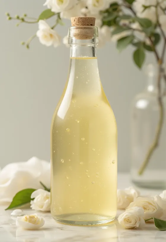 Vinagre de vinho branco em taça de vidro, com uvas brancas, mosto e mãe de vinagre