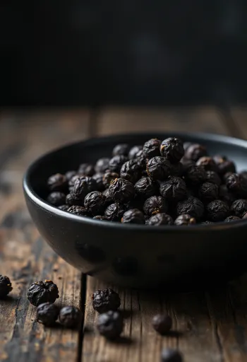 Grãos de pimenta preta em taça de madeira e espalhados