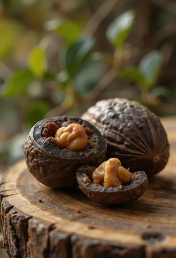 Miolo de noz preta descascado em taça rústica, sob luz natural