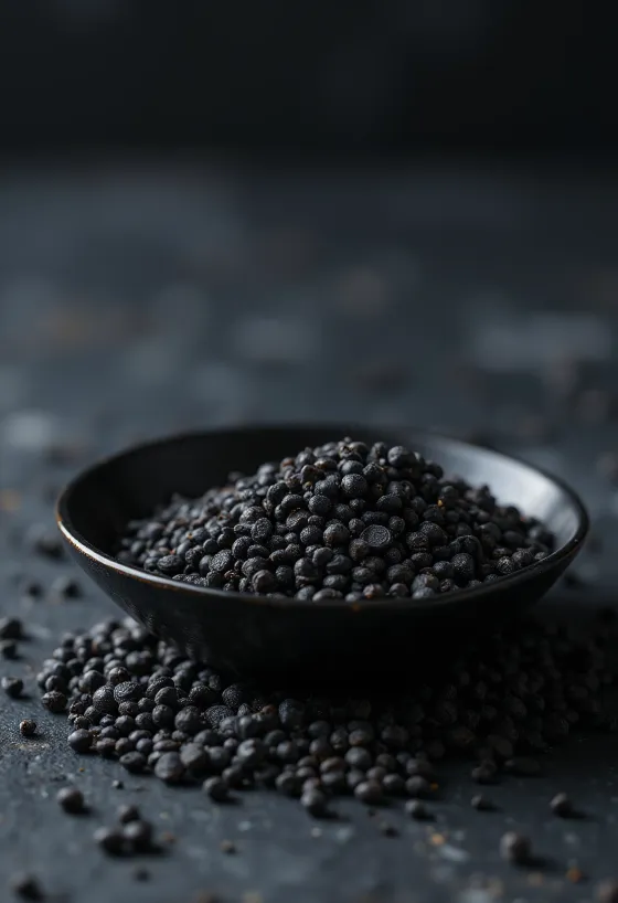 Sementes de mostarda preta inteiras em taça sobre madeira