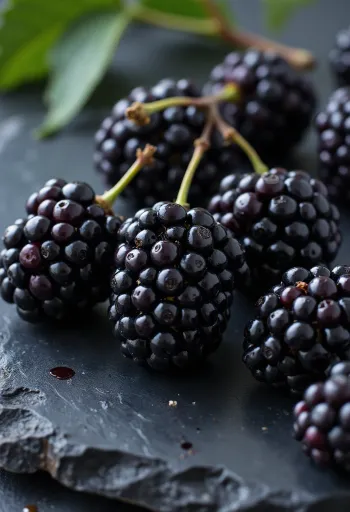 Bagas frescas de amora negra (Morus nigra) cortadas e inteiras