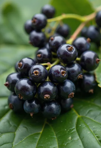 Bagas de groselha-negra frescas em taça e sobre a mesa, com compota caseira e folhas