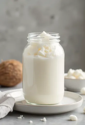 Óleo de coco refinado em taça, branco e sólido, com coco ralado
