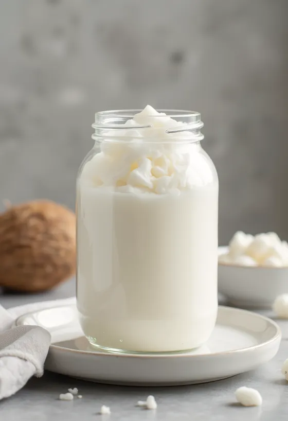 Óleo de coco refinado em taça, branco e sólido, com coco ralado