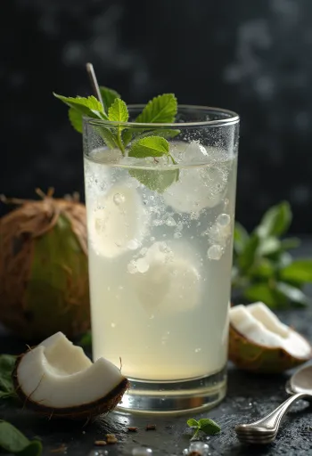 Água de coco fresca em copo, translúcida, com casca de coco ao lado