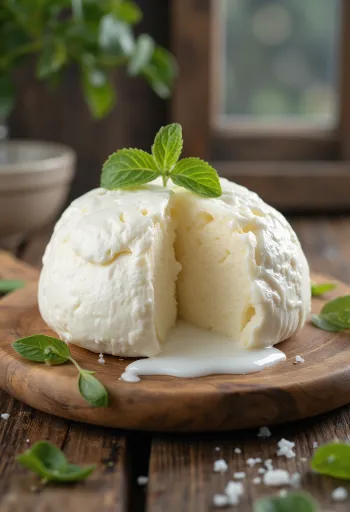 Mozzarella fresca de leite de vaca em taça de cerâmica sobre madeira