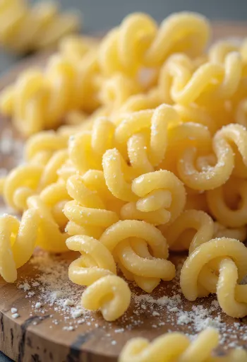 Massa fusilli seca em forma de espiral em superfície de madeira