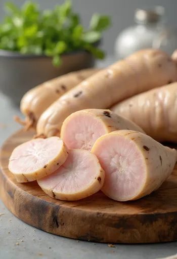 Galanga fresca fatiada em taça, sobre madeira