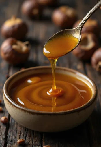 Mel de castanheiro escuro em frasco, com colher de mel e flores