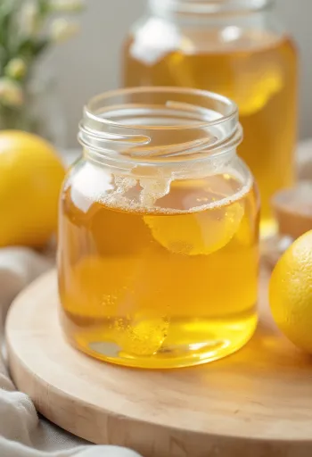 Xarope de glucose em frasco pequeno, com fio de xarope a escorrer de uma colher