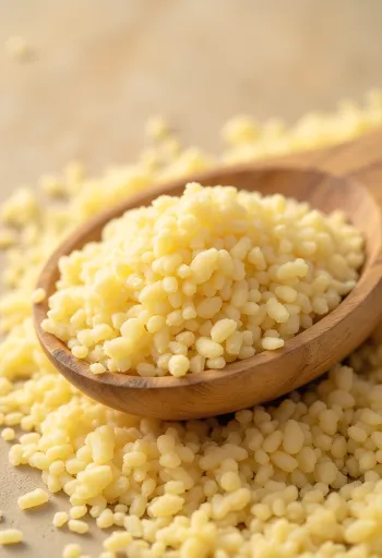 Sêmola crua, também conhecida como sêmola de trigo, em taça rústica sobre superfície de madeira