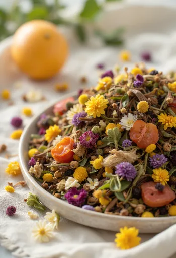 Mistura de ervas secas para infusão em taça e colher de pau