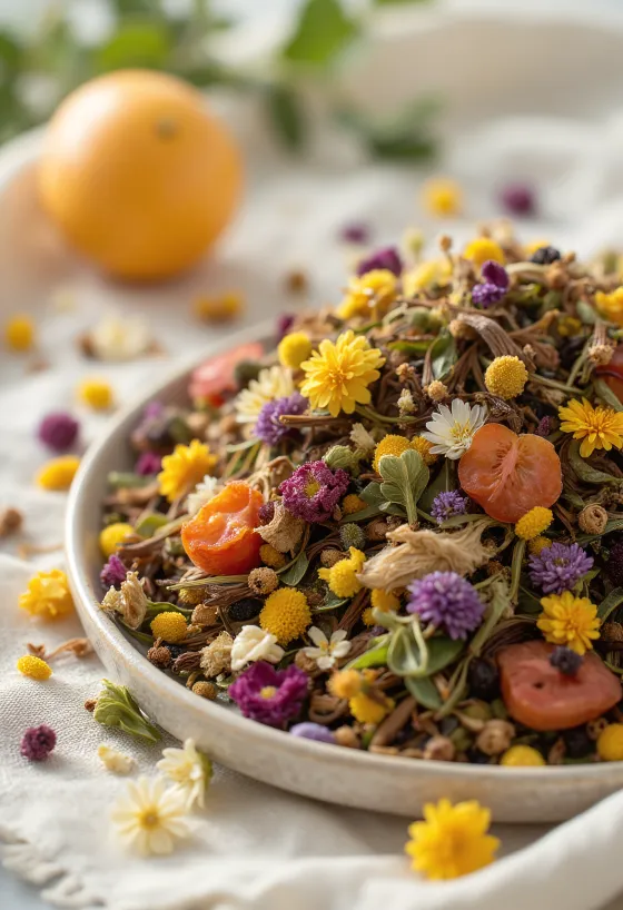 Mistura de ervas secas para infusão em taça e colher de pau