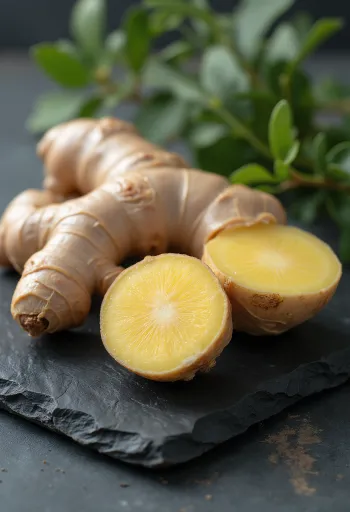 Gengibre fresco e fatiado em tábua de cozinha