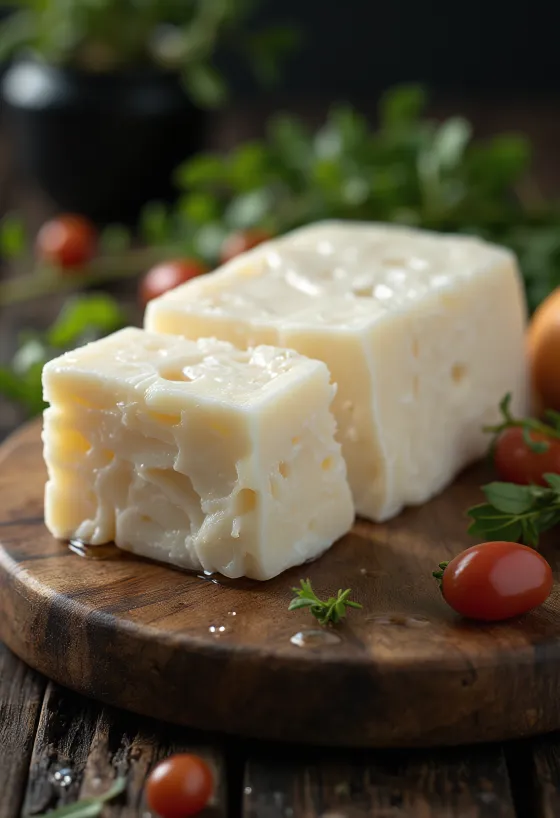 Queijo halloumi fresco numa taça de cerâmica branca sobre mesa de madeira