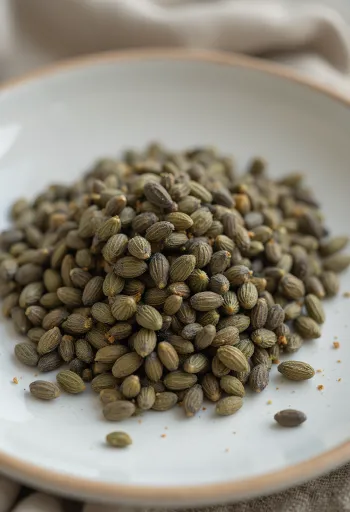 Sementes de cânhamo integrais com casca, tons verdes e castanhos