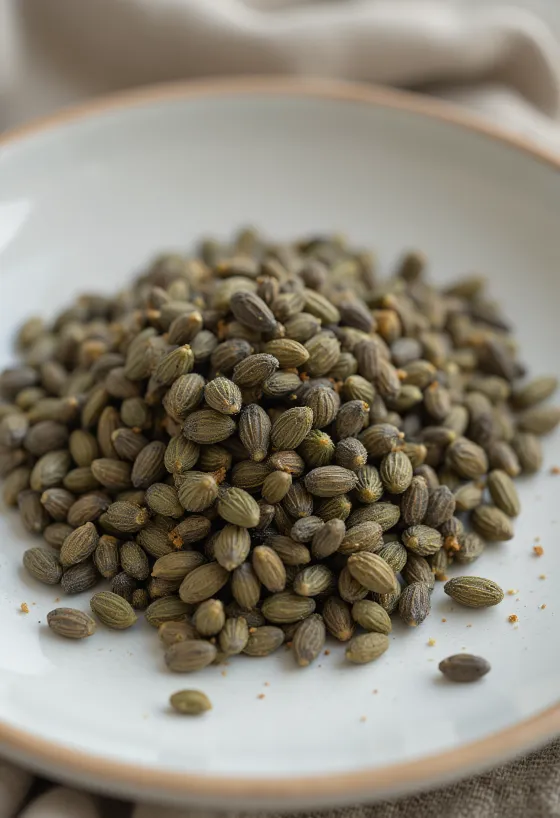 Sementes de cânhamo integrais com casca, tons verdes e castanhos