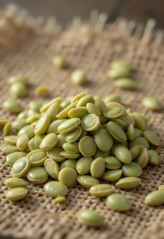 Sementes de cânhamo descascadas em plano próximo, espalhadas sobre superfície clara