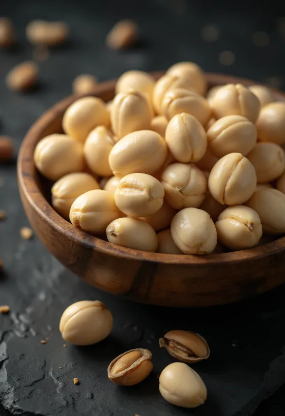 Nozes de macadâmia descascadas em monte, redondas e creme, fundo branco