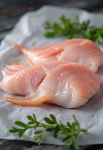 Filetes frescos de peixe-gato com especiarias, limão e salsa em tábua de madeira