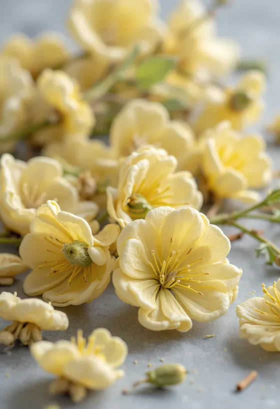 Flores de tília secas em taça, com colher de pau, ambiente rústico