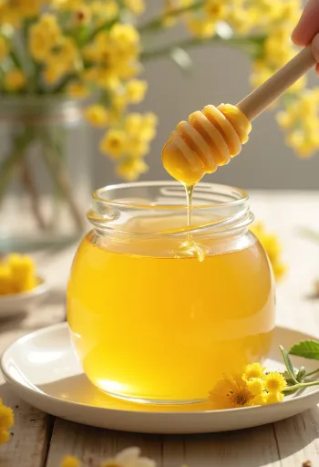 Mel de tília em frasco, com colher de mel e flores de tília