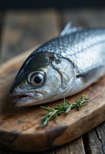 Arenque fresco com limão, cebola e aneto em tábua de madeira