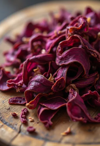 Pétalas de hibisco secas em taça, espalhadas sobre superfície de cozinha