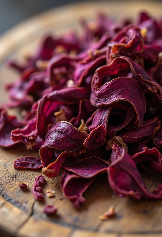 Pétalas de hibisco secas em taça, espalhadas sobre superfície de cozinha