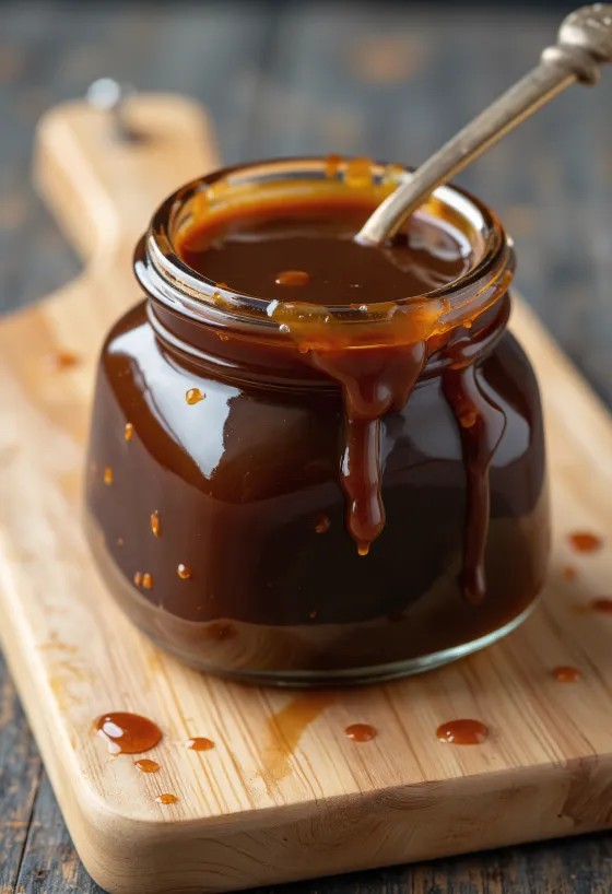 Molho Hoisin escuro em taça, rodeado de soja, especiarias, alho e sésamo