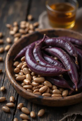 Grãos de feijão-lablab secos com veio branco característico