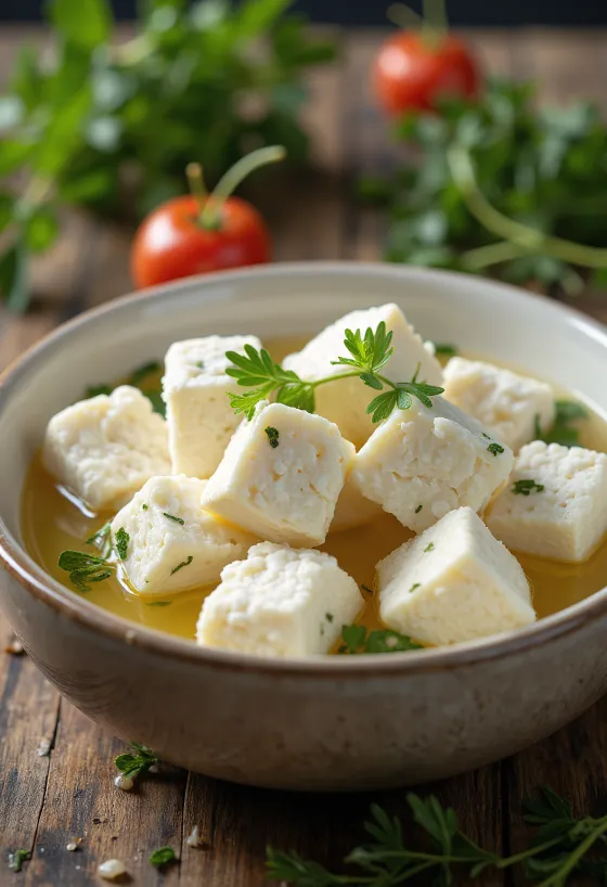 Queijo Feta de ovelha fresco em taça de cerâmica