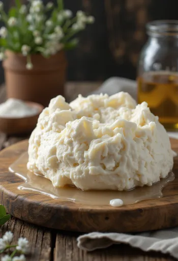 Coalhada de ovelha fresca fatiada em tábua de madeira