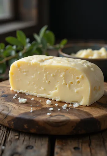 Manteiga de ovelha em taça pequena, textura cremosa, superfície de madeira