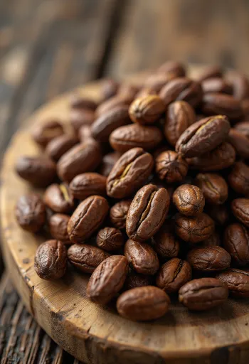 Favas de cacau fermentadas e secas, com casca quebrada e nibs, em superfície rústica