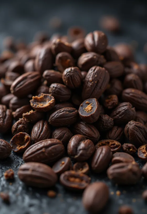 Nibs de cacau em tigela pequena, com pedaços de cacau ao lado, fundo de madeira rústica