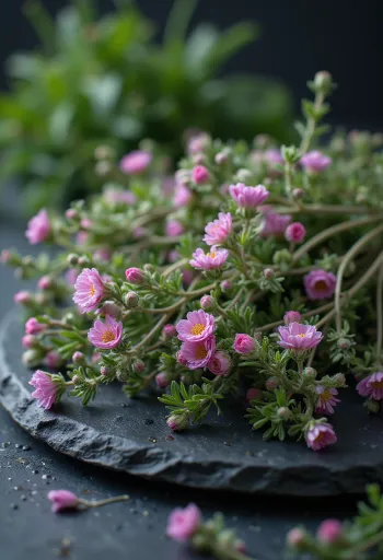 Pétalas de flor de tomilho frescas em prato branco, prontas para uso culinário