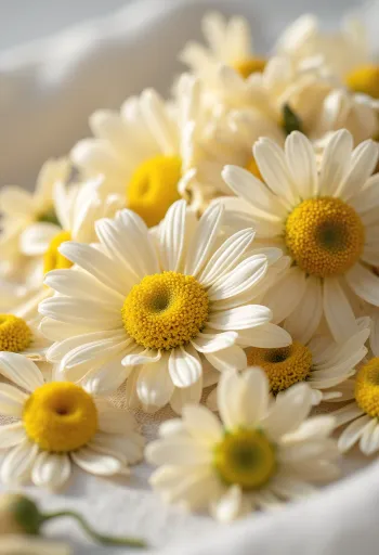 Flores de camomila secas em tigela e espalhadas com colher de pau
